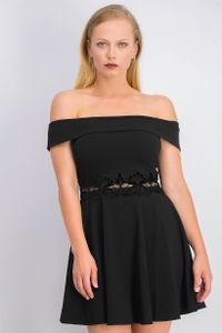 Womens Velvet Lace-Trimmed Waist Fit & Flare Dress  Black