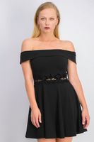 Womens Velvet Lace-Trimmed Waist Fit & Flare Dress  Black - thumbnail