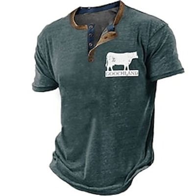 Goochland Shirt Men's Henley Shirt Graphic Tee Vintage Shirt Fashion Basic Casual Shirt Cow Prints Cattle Short Sleeve Shirt Black Navy Blue Blue Outdoor Daily Going out Henley Spring Summer Clothing miniinthebox