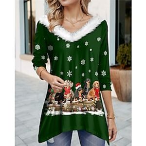 Women's T shirt Tee Christmas Shirt Dog Snowflake Green Flowing tunic Print Long Sleeve Christmas Weekend Festival  Holiday Fur Collar V Neck Regular Fit Spring   Fall Lightinthebox