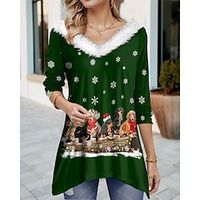 Women's T shirt Tee Christmas Shirt Dog Snowflake Green Flowing tunic Print Long Sleeve Christmas Weekend Festival  Holiday Fur Collar V Neck Regular Fit Spring   Fall Lightinthebox - thumbnail