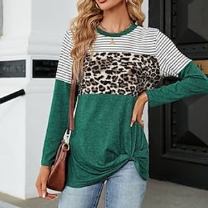Women's T shirt Tee Cotton Leopard Striped Pink Wine Navy Blue Print Long Sleeve Casual Fashion Round Neck Regular Fit Spring   Fall Lightinthebox