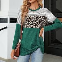 Women's T shirt Tee Cotton Leopard Striped Pink Wine Navy Blue Print Long Sleeve Casual Fashion Round Neck Regular Fit Spring   Fall Lightinthebox - thumbnail