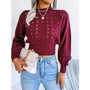 Women's Pullover Sweater Jumper Crew Neck Cable Knit Acrylic Hollow Out Fall Winter Short Outdoor Daily Going out Stylish Casual Soft Long Sleeve Solid Color Wine Blue Gray S M L miniinthebox