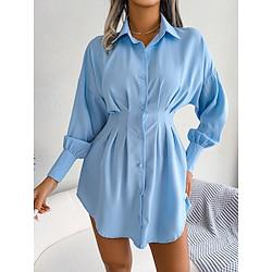 Women's Shirt Dress Plain Dress Mini Dress Button Street Vacation Streetwear Maxi Shirt Collar Long Sleeve White Blue Army Green Color Lightinthebox