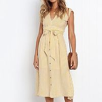 Women's A Line Dress Midi Dress Blue Yellow Sleeveless Striped Lace up Print Spring Summer V Neck Work Elegant 2022 S M L XL Lightinthebox - thumbnail