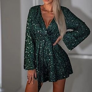 Women's Party Dress Sequin Dress Mini Dress Green Black Gray Long Sleeve Pure Color Sequins Winter Fall Spring V Neck Fashion 2022 S M L XL Lightinthebox