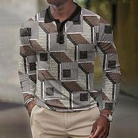 Geometric Men's Casual Polo Shirt Golf Polo Sports Daily Wear Vacation Polyester Long Sleeve Turndown Polo Shirts Yellow Brown Spring   Fall S M L Micro-elastic Lapel Polo Lightinthebox - thumbnail
