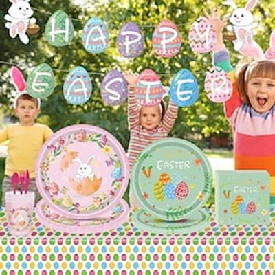 Easter Party Decorations Birthday Party Supplies Easter Egg Home Decoration Easter Party Tableware Cutlery with Forks Knives Spoons Napkins Plates Tablecloth Banner Lightinthebox