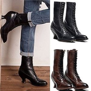 Women's Boots Brogue Combat Boots Motorcycle Boots Outdoor Daily Mid Calf Boots Block Heel Pointed Toe Elegant Casual Minimalism Walking PU Lace-up Solid Color Color Block Black White Brown Lightinthebox