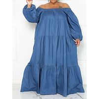 Women's Plus Size Curve Denim Dress Casual Dress Swing Dress Plain Long Dress Maxi Dress Long Sleeve Ruffle Basic Off Shoulder Fashion Daily Black Blue Summer Spring L XL 2XL 3XL 4XL Lightinthebox - thumbnail