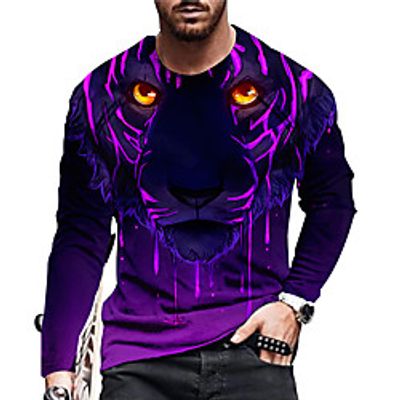 Men's Unisex T shirt 3D Print Graphic Prints Tiger Animal Crew Neck Daily Holiday Print Long Sleeve Tops Casual Designer Big and Tall Purple Lightinthebox