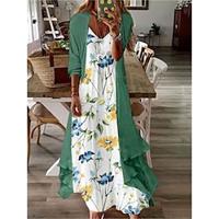 Women's Two Piece Dress Set Casual Dress Print Dress Outdoor Vacation Fashion Casual Print Long Dress Maxi Dress V Neck 3/4 Length Sleeve Floral Loose Fit Light Yellow Light Green Blue Summer Spring Lightinthebox