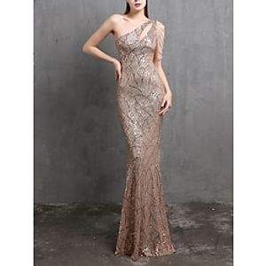 Mermaid  Trumpet Evening Gown Elegant Dress Formal Floor Length Sleeveless One Shoulder Sequined with Glitter Pleats Tassel 2023 Lightinthebox