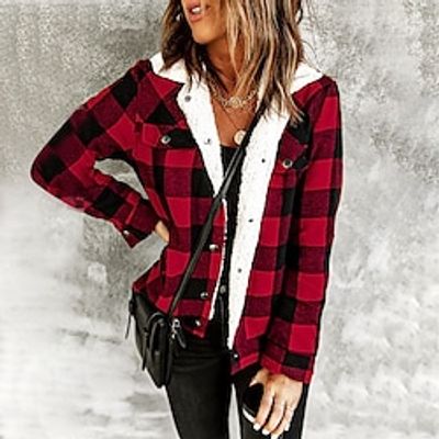 Women's Shacket Black Red Plaid Print Long Sleeve Casual Casual Shirt Collar Regular Cotton Fleece S miniinthebox