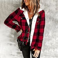 Women's Shacket Black Red Plaid Print Long Sleeve Casual Casual Shirt Collar Regular Cotton Fleece S miniinthebox - thumbnail