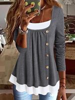 Round Neck Casual Loose Panel Single Breasted Long Sleeve T-shirt