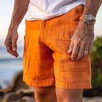 Men's Shorts Linen Shorts Summer Shorts Multi Pocket Front Pocket Straight Leg Solid Color Comfort Breathable Knee Length Casual Daily Vacation Fashion Orange Inelastic Lightinthebox