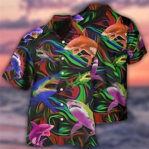 Men's Shirt Summer Hawaiian Shirt Shark Graphic Prints Turndown Rainbow Casual Holiday Short Sleeve Button-Down Print Clothing Apparel Tropical Fashion Hawaiian Soft miniinthebox