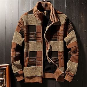 Color Block Tribal Geometry Retro Vintage Tribal Men's Zipper Knitting Print Cardigan Sweater Knitwear Cowichan cardigan sweater Outdoor Daily Vacation Long Sleeve Stand Collar Sweaters Wine Brown Lightinthebox
