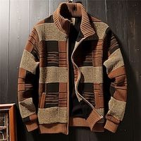Color Block Tribal Geometry Retro Vintage Tribal Men's Zipper Knitting Print Cardigan Sweater Knitwear Cowichan cardigan sweater Outdoor Daily Vacation Long Sleeve Stand Collar Sweaters Wine Brown Lightinthebox - thumbnail