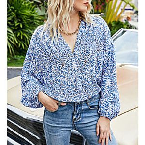 Women's Blouse Leaf Long Sleeve V Neck Basic Streetwear Tops Blue Lightinthebox