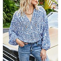 Women's Blouse Leaf Long Sleeve V Neck Basic Streetwear Tops Blue Lightinthebox - thumbnail