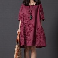 Women's Casual Dress Shift Dress Mini Dress Pink Wine Dark Blue Half Sleeve Floral Embroidered Spring Summer Crew Neck Weekend Loose Fit 2022 S M L XL XXL 3XL 4XL 5XL Lightinthebox - thumbnail