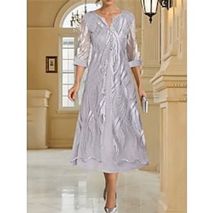 Women's Casual Dress A Line Dress Plain Dress Midi Dress Mesh Patchwork Street Holiday Date Streetwear A Line Crew Neck 34 Length Sleeve Regular Fit Silver Color S M L XL XXL Size Lightinthebox