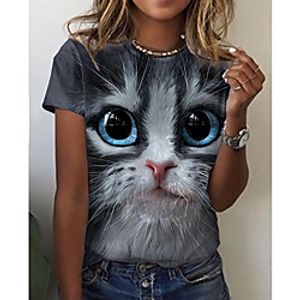 Women's 3D Cat T shirt Cat Graphic 3D Print Round Neck Basic Tops Gray miniinthebox