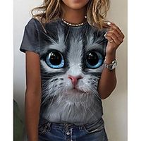 Women's 3D Cat T shirt Cat Graphic 3D Print Round Neck Basic Tops Gray miniinthebox - thumbnail