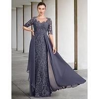 A-Line Mother of the Bride Dress Formal Wedding Guest Elegant Scoop Neck Floor Length Chiffon Lace Half Sleeve with Bow(s) Sequin 2023 Lightinthebox - thumbnail