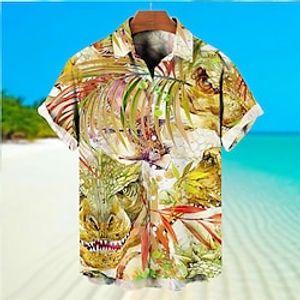 Men's Shirt Dinosaur Graphic Prints Leaves Turndown Green Gray 3D Print Outdoor Street Short Sleeves Button-Down Print Clothing Apparel Tropical Fashion Designer Hawaiian Lightinthebox