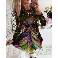 Women's Christmas Swing Dress  Short Mini Dress Green Brown Long Sleeve Print Snowflake Pleated Print Fall Winter Crew Neck Stylish Romantic 2022 S M L XL 2XL 3XL 4XL 5XL 6XL Lightinthebox - thumbnail