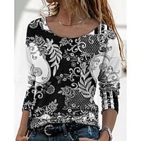 Women's Floral Theme Painting T shirt Floral Graphic Long Sleeve Print Round Neck Basic Tops Black miniinthebox - thumbnail