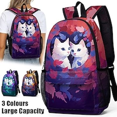 Women's Backpack School Bag Bookbag 3D Print Commuter Backpack School Outdoor Daily Cat Polyester Large Capacity Lightweight Durable Zipper Print Yellow Red Purple miniinthebox