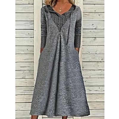 Women's Casual Dress Hoodie Dress Midi Dress Dark Gray 3/4 Length Sleeve Pure Color Ruched Zipper Fall Winter Hooded Stylish Casual 2022 S M L XL XXL 3XL miniinthebox