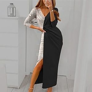 Women's Cocktail Party Dress Wedding Guest Dress Velvet Dress Red Sequin Dress Long Dress Maxi Dress Wine Silver Black 3/4 Length Sleeve Color Block Sequins Patchwork Split Winter Fall V Neck Party miniinthebox