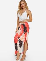 Sexy Lace Insert Crop Slit Leaf Print Skirt Two Piece Outfits - thumbnail