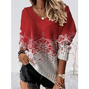 Women's Pullover Sweater Jumper Jumper Crochet Knit Tunic Print Snowflake V Neck Stylish Casual Christmas Drop Shoulder Fall Winter White Wine S M L Lightinthebox