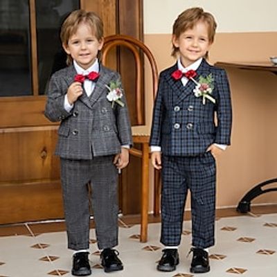 6 Pieces Kids Boys Suit  Blazer Clothing Set Outfit Plaid Long Sleeve Set Formal Fashion Cool Spring Fall 7-13 Years Gray 6-piece set (shirt  suit  vest  trousers  bow tie  Navy 6-piece set Lightinthebox