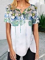 Womens Casual V-neek Flower Print Top