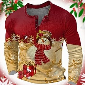 Graphic Snowman Bells Fashion Designer Casual Men's 3D Print Henley Shirt Waffle T Shirt Sports Outdoor Holiday Festival Christmas T shirt Yellow Red Long Sleeve Henley Shirt Spring   Fall Clothing Lightinthebox