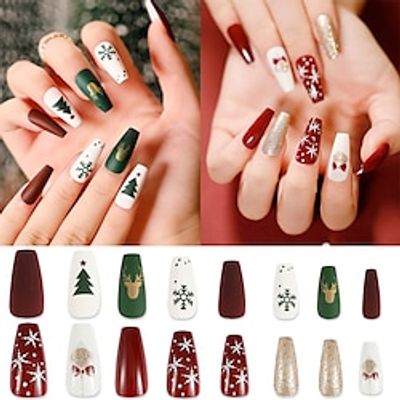 24Pcs Christmas Press on Nails Medium Fake Nails with Self-Adhesive Jelly Nail Glue Tabs, Red Green Artificial Nails Acrylic Full Cover Nail False Fingernails for Women (Gift Style) Lightinthebox