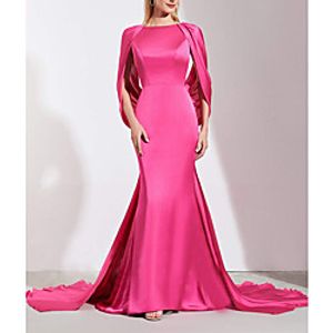 Mermaid  Trumpet Empire Elegant Wedding Guest Formal Evening Dress Jewel Neck Backless Sleeveless Court Train Charmeuse with Draping Pure Color 2022 Lightinthebox