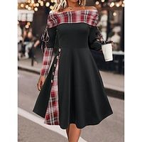 Women's Vintage Dress Party Dress Cocktail Dress Midi Dress Pink Red Blue Long Sleeve Plaid Print Summer Spring Fall Off Shoulder Vintage Wedding Guest Birthday Vacation S M L XL XXL 3XL Lightinthebox - thumbnail