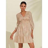 Women's A Line Dress Gold Dress Gold 3/4-Length Sleeve Metallic Shading Jacquard Spring Summer V Neck Textured Vacation S M L Lightinthebox