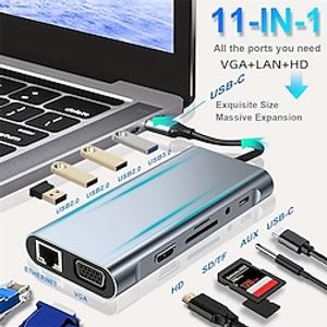 USB C HUB USB C Adapter 11 In 1 Dongle With 4K HD VGA Type C PD USB3.0 Ethernet SD/TF Card Reader 3.5mm AUX Docking Station Compatible With MacBook Pro/Air Other Type C For Laptops Devices-100M miniinthebox