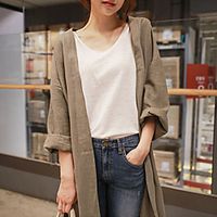 Women's Coat Casual / Daily Summer Long Coat Regular Fit Jacket Solid Color Others Navy khaki / Cotton miniinthebox - thumbnail
