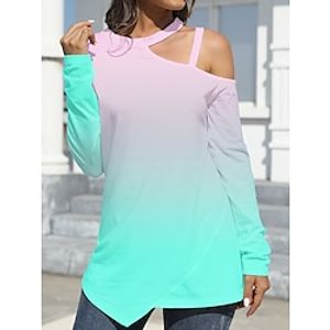 Women's Shirt Blouse Wrap Color Gradient Casual Yellow Blue Purple Print Asymmetric Hem Long Sleeve Fashion Streetwear Round Neck Cold Shoulder Regular Fit Summer Spring Lightinthebox